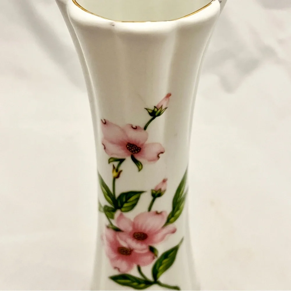 Lefton Bud Vase China Hand Painted Pink Dogwood Flowers #06219, Vintage 1987